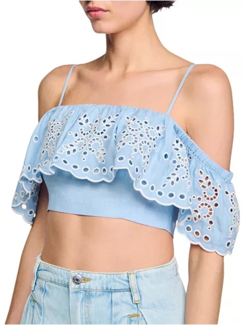 Sandro Paris Light Blue Broderie Anglaise Off-Shoulder Eyelet Crop Top Size 2.